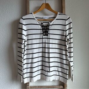 Calvin Klein Black & White Striped Lace Up Sweater Top sz: Small
